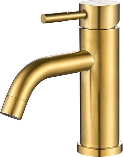 Modern Single Handle Bathroom Faucet Single Hole Brushed Gold Bathroom Sink Faucet Stainless Steel Commercial Basin Faucet (Brushed Gold No Drain)
