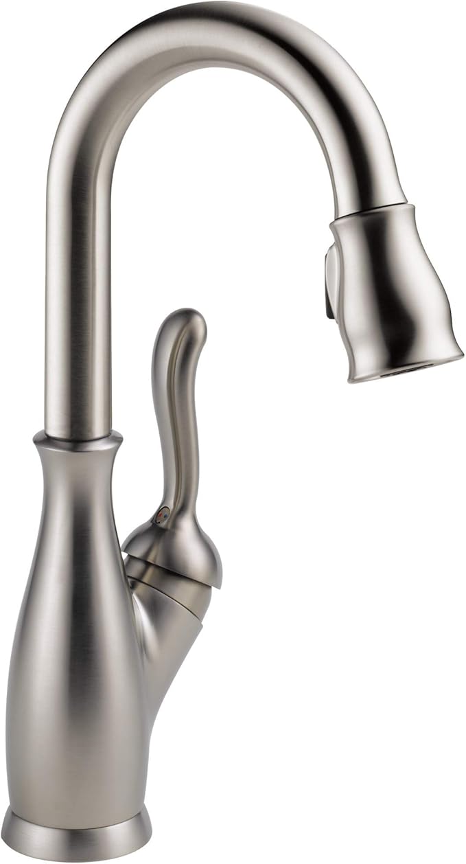 Delta Faucet Leland Bar Faucet Brushed Nickel, Bar Sink Faucet Single Hole, Wet Bar Faucets with Pull Down Sprayer, Prep Sink Faucet, Faucet for Bar Sink, SpotShield Stainless 9678-SP-DST