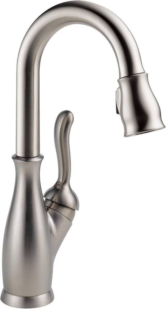 Delta Faucet Leland Bar Faucet Brushed Nickel, Bar Sink Faucet Single Hole, Wet Bar Faucets with Pull Down Sprayer, Prep Sink Faucet, Faucet for Bar Sink, SpotShield Stainless 9678-SP-DST