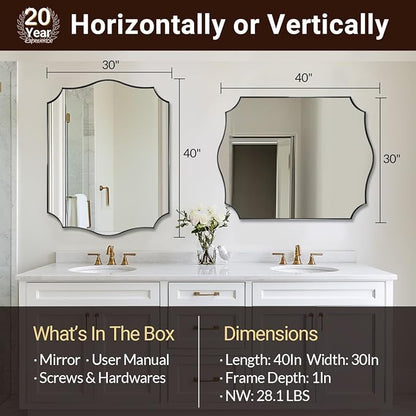 ANDY STAR 30x40 Inch Matte Black Mirror, Large Asymmetrical Wall Mirror in Premium Stainless Steel Metal Thin Frame Deep 1’’, Modern Rectangle Mirror with Unique Wavy Design Ideal for Home Decor