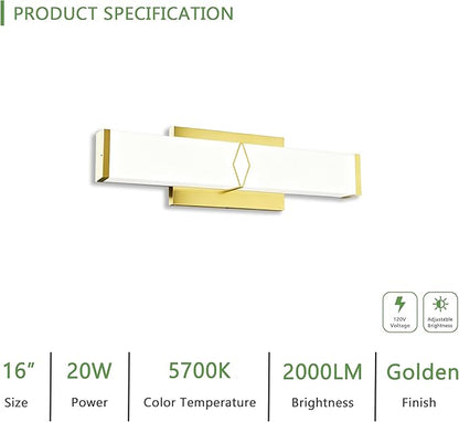 16 Inch Bathroom Vanity Light 2000LM, 5700K Daylight White Modern Bathroom Light Dimmable, AC 120V 20W Gold LED Vanity Lighting Fixtures Wall Sconce ETL Certified, 1Pack