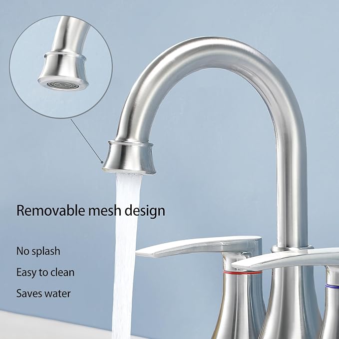 Brushed Nickel Bathroom Faucet, 2-Handle Lead-Free 360° Swivel High-Arc Spout 4 Inch Centerset Bath Lavatory Vanity Sink Faucets Set for Sinks with Drain & Water Hoses, VABM80008L