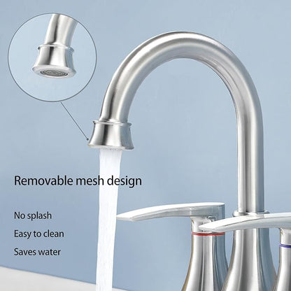 Brushed Nickel Bathroom Faucet, 2-Handle Lead-Free 360° Swivel High-Arc Spout 4 Inch Centerset Bath Lavatory Vanity Sink Faucets Set for Sinks with Drain & Water Hoses, VABM80008L