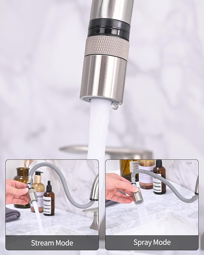 Bathroom Faucet 3 Hole with Pull Out Sprayer, 8 Inch Widespread Bathroom Faucet, Magnetic Pull Out Faucet for Easy to Use, Brushed Nickel (with Pop-up Drain)