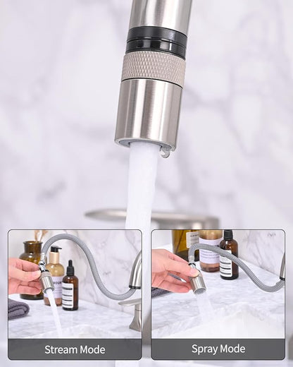 Bathroom Faucet 3 Hole with Pull Out Sprayer, 8 Inch Widespread Bathroom Faucet, Magnetic Pull Out Faucet for Easy to Use, Brushed Nickel (with Pop-up Drain)