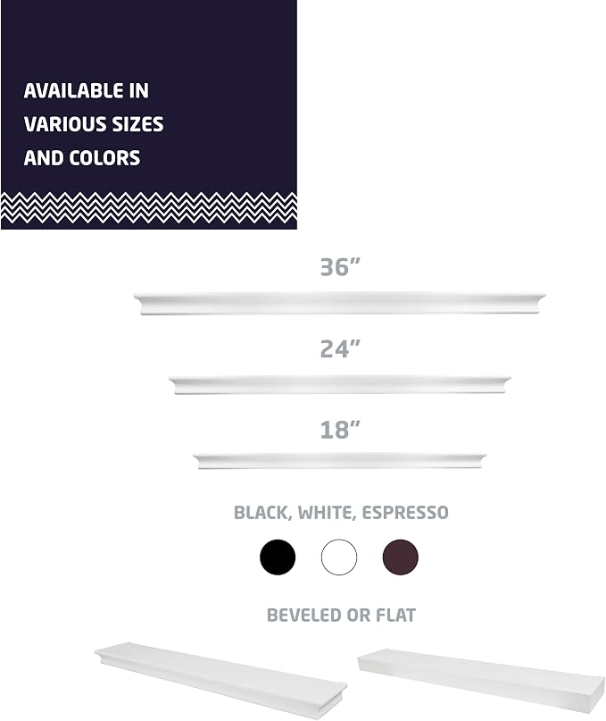 HIGH & MIGHTY 515666 Decorative 36" Floating Shelf Holds up to 25lbs, Easy Tool-Free Dry Wall Installation, Beveled, eCommerce Packaging, White