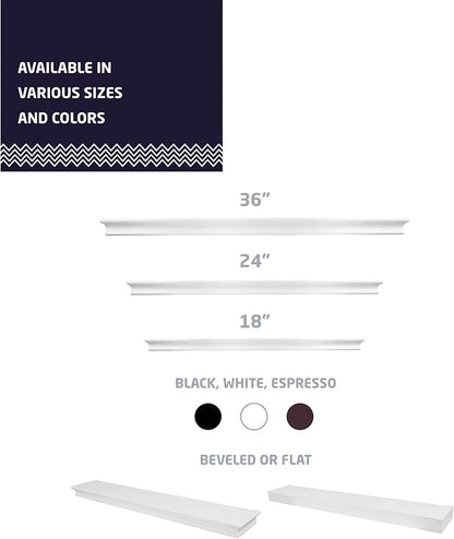 HIGH & MIGHTY 515666 Decorative 36" Floating Shelf Holds up to 25lbs, Easy Tool-Free Dry Wall Installation, Beveled, eCommerce Packaging, White