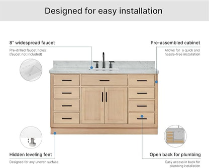 ARIEL Hepburn 60-inch Bathroom Vanity with Sink,Solid Wood, 1.5-inch Italian Carrara Marble Countertop, Single Rectangular Porcelain Sink, 2 Soft Closing Doors, 9 Dovetail Drawers, White Oak