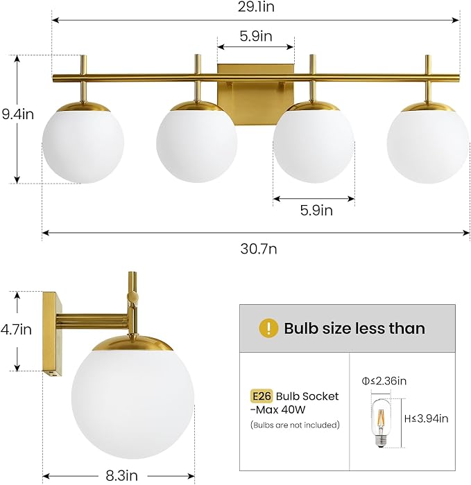 AIJIASI Bathroom Light Fixtures, 4-Light Brushed Gold Bathroom Vanity Lights Over Mirror, 30.7 Inch Modern Vanity Lighting with Milky White Glass Globe Shade Wall Sconce Lighting Bath