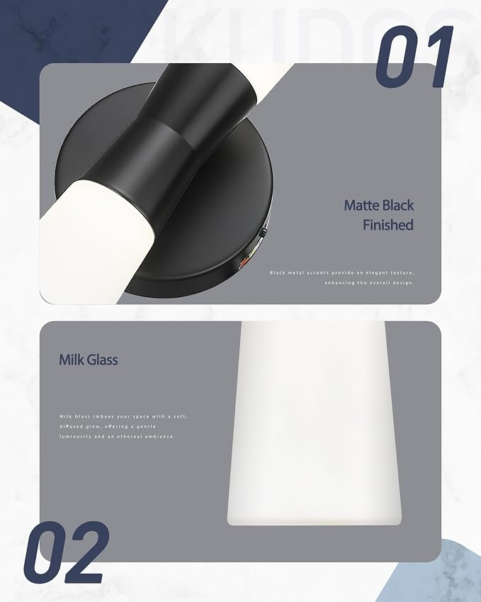 kudos 2 Pack Black Vanity Lights, Milk White Glass, 3CCT, KDVL13-BK-2PK | LED, 14W, 1100 Lumens, 3000K, 4000K and 5000K Selectable, Hardwired,for Bathrooms and Bedrooms