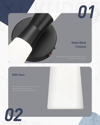 kudos 2 Pack Black Vanity Lights, Milk White Glass, 3CCT, KDVL13-BK-2PK | LED, 14W, 1100 Lumens, 3000K, 4000K and 5000K Selectable, Hardwired,for Bathrooms and Bedrooms
