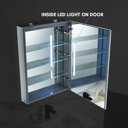 Blossom LED Lighted Mirror Medicine Cabinet, 24x32, Right Hinge, Wall Mounted Recessed or Surface Bathroom LED Medicine Cabinet with Mirror, Makeup Mirror with Lights, Defogger, Adjustable Brightness