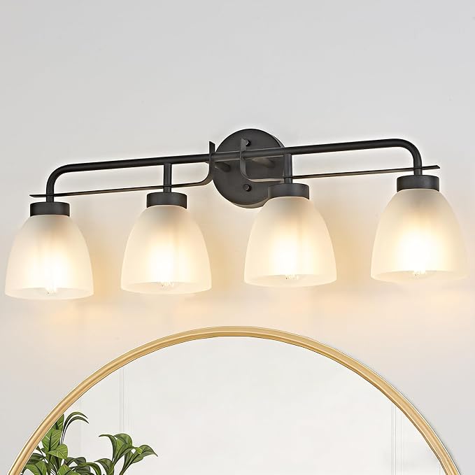 28 Inch Mid-Century Modern Vanity Lights, 4-Light Black Bathroom Light Fixture with Frosted White Bell Shades, Industrial Wall Sconce for Mirror Over Vanity, Bedroom, Hallway