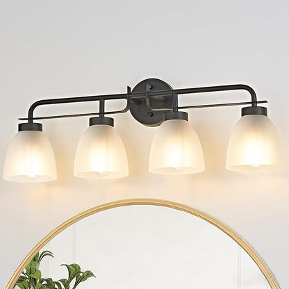 28 Inch Mid-Century Modern Vanity Lights, 4-Light Black Bathroom Light Fixture with Frosted White Bell Shades, Industrial Wall Sconce for Mirror Over Vanity, Bedroom, Hallway