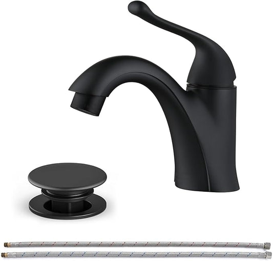 Matte Black Bathroom Faucet 1 Hole Brass Single Hole Handle Bathroom Faucets for Sink RV Vanity Faucet with Pop-up Drain and Flexible Hoses, Made of Heavy-Duty Thickened Brass and Metal (Black)
