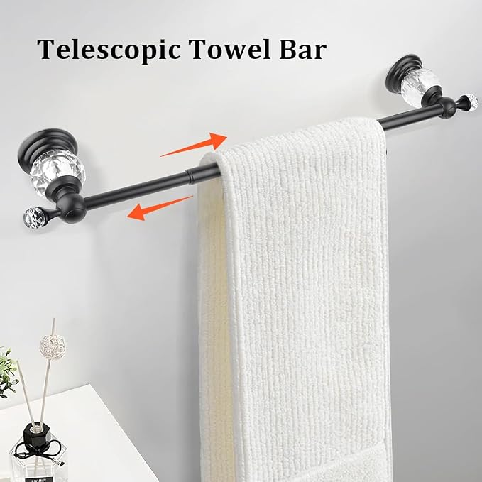Crystal Black Towel Bar, Adjustable 24 INCH Bathroom Towel Holder Bar, Matte Black Single Towel Rack Hanger Home Towel Holder Rod for Bathroom Wall Mounted