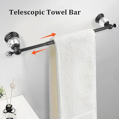 Crystal Black Towel Bar, Adjustable 24 INCH Bathroom Towel Holder Bar, Matte Black Single Towel Rack Hanger Home Towel Holder Rod for Bathroom Wall Mounted