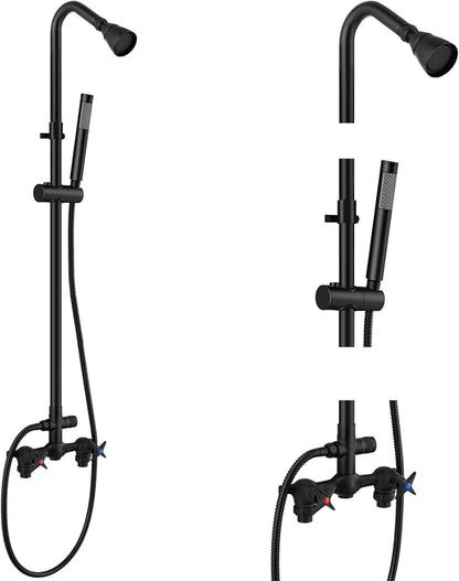 Aolemi Outdoor Shower Kit with Handheld,Round Rain Shower,Matte Black | 2-Handle Hot and Cold Control, Adjustable Height, 6-Inch Center Valve, 59-Inch Hose, Winter Drainage Outdoor Shower Fixtures