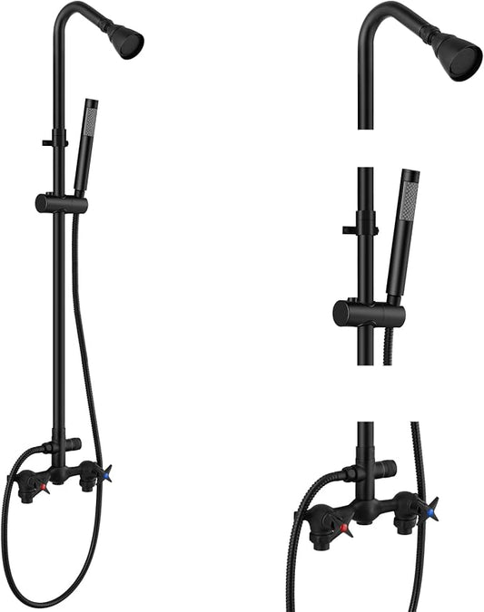 Aolemi Outdoor Shower Kit with Handheld,Round Rain Shower,Matte Black | 2-Handle Hot and Cold Control, Adjustable Height, 6-Inch Center Valve, 59-Inch Hose, Winter Drainage Outdoor Shower Fixtures