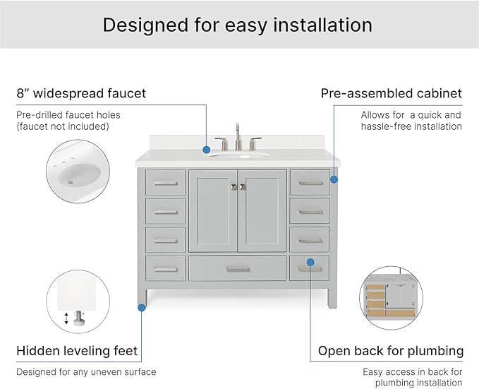 ARIEL Cambridge 48-inch Bathroom Vanity with Sink,Solid Wood, 1.5-inch Pure White Quartz Countertop & Backsplash, Single Oval Porcelain Sink, 2 Soft Closing Doors, 9 Dovetail Drawers, Grey