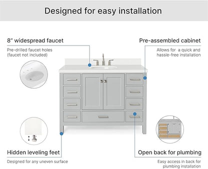 ARIEL Cambridge 48-inch Bathroom Vanity with Sink,Solid Wood, 1.5-inch Pure White Quartz Countertop & Backsplash, Single Oval Porcelain Sink, 2 Soft Closing Doors, 9 Dovetail Drawers, Grey