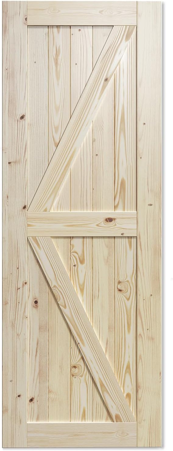 SmartStandard 34in x 84in Sliding Barn Wood Door Pre-Drilled Ready to Assemble, DIY Unfinished Solid Spruce Wood Panelled Slab, Interior Single Door Only, Natural, K-Frame (Fit 6FT Rail) | Pre-Drilled Ready to Assemble, DIY Unfinished Solid Spruce Wood...
