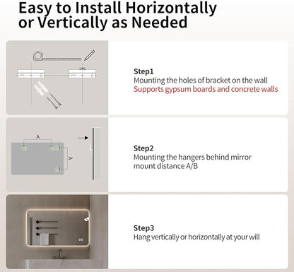 LAIYA 70.8x35.5 Inch LED Bathroom Mirror, 3 Color Modes, Dimmable, Anti-Fog | Large LED bathroom mirror with 3 color temperatures, smooth dimming, anti-fog, memory, and horizontal or vertical mount.