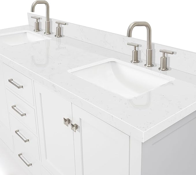 DKB Beckford 72 Inch Bathroom Vanity Double Sink — White Bathroom Vanity with Sink, 1.5" Edge Carrara White Quartz Countertop & Backsplash, 4 Soft-Close Doors, 6 Dovetail Drawers