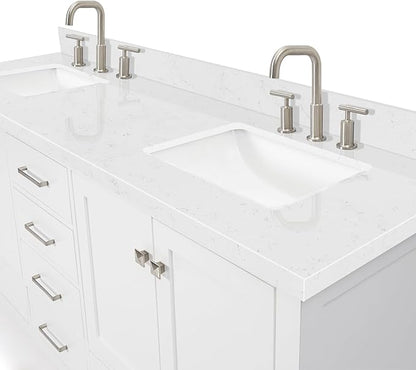 DKB Beckford 72 Inch Bathroom Vanity Double Sink — White Bathroom Vanity with Sink, 1.5" Edge Carrara White Quartz Countertop & Backsplash, 4 Soft-Close Doors, 6 Dovetail Drawers
