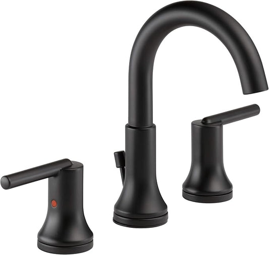 Delta Trinsic Matte Black Bathroom Faucet 3 Hole, 8 Inch Widespread Bathroom Sink Faucet for Vanity, Metal Push-Pop Drain Assembly, Matte Black 3559-BLMPU-DST