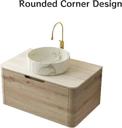 Bathroom Vanity with Sink, 30" Wall-Mounted Bathroom Storage Cabinet with Round Ceramic Basin & Soft-Close Undermount Drawer, Modern Pre-assembled Floating Vanity with Curved Design, White Oak