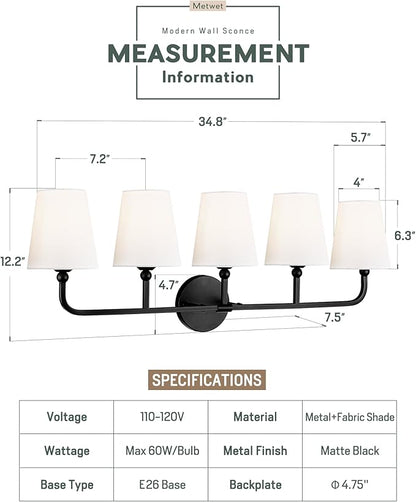 Bathroom Light Fixtures, 5 Light Matte Black Vanity Lights with Flared White Fabric Shade, 35 Inch Wall Sconce, Modern Sconces Wall Lighting for Hallway Bedroom, VL837-MB-5