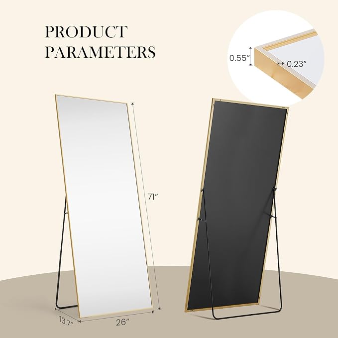 NEWBULIG Full Length Floor Mirror 71"x26", Body Standing Mirror | Wall Hanging or Leaning, Shatter-Proof Glass, Aluminum Alloy Frame with Stand, Home Decor Bedroom, Gold