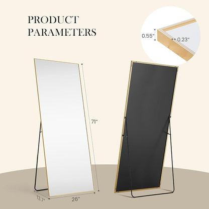 NEWBULIG Full Length Floor Mirror 71"x26", Body Standing Mirror | Wall Hanging or Leaning, Shatter-Proof Glass, Aluminum Alloy Frame with Stand, Home Decor Bedroom, Gold