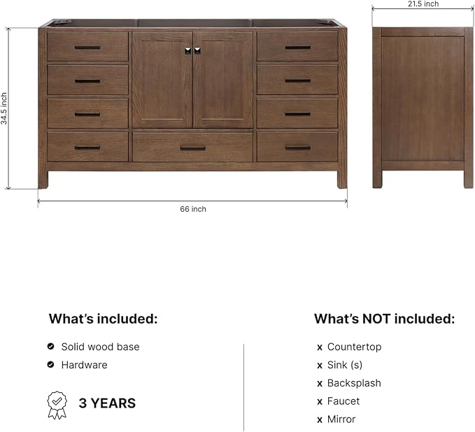 ARIEL Cambridge 66-inch Bathroom Vanity Base Cabinet,Solid Wood, 2 Soft Closing Doors, 9 Dovetail Drawers, Brown Oak