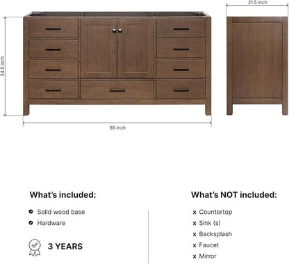 ARIEL Cambridge 66-inch Bathroom Vanity Base Cabinet,Solid Wood, 2 Soft Closing Doors, 9 Dovetail Drawers, Brown Oak