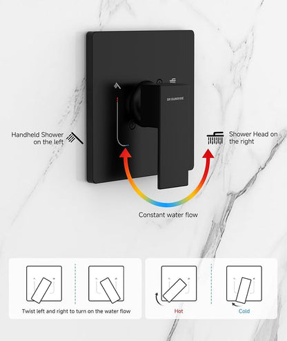 SR SUN RISE Shower System 10 Inch Rainfall Brass Valve Trim Kit Black | Wall-Mounted Rainfall Shower Set with Valve, Pressure Balance for Stable Temp, 304 Steel, Lead-Free Waterway, Leak-Resistant
