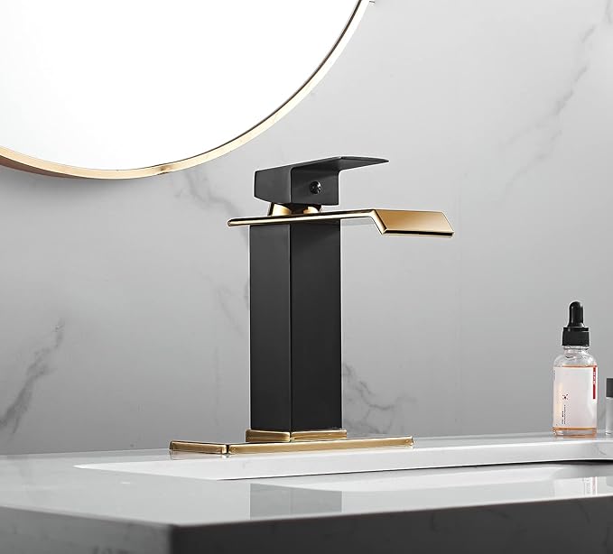 Black Bathroom Faucet Gold Waterfall One Handle 1-3 Hole Lavatory Vanity Sink Faucet with Water Supply Hose Deck Mount Commercial