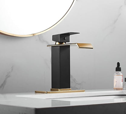 Black Bathroom Faucet Gold Waterfall One Handle 1-3 Hole Lavatory Vanity Sink Faucet with Water Supply Hose Deck Mount Commercial