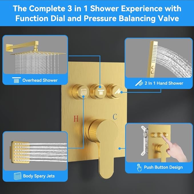 Brushed Gold Shower System with Body Jets, STARBATH 12" Rainfall Shower with 2 in 1 Handheld and 4 Body Jets, Can Use All at Once, Push Button Complete Shower Set with Valve and Trim Kit