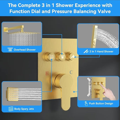 Brushed Gold Shower System with Body Jets, STARBATH 12" Rainfall Shower with 2 in 1 Handheld and 4 Body Jets, Can Use All at Once, Push Button Complete Shower Set with Valve and Trim Kit
