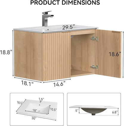 Modern Bathroom Vanity with Sink, Floating Wall Mount Cabinet with Wavy Textured Doors, Waterproof Storage for Small Bathroom, Soft-Close Design, Nature Wood (30")