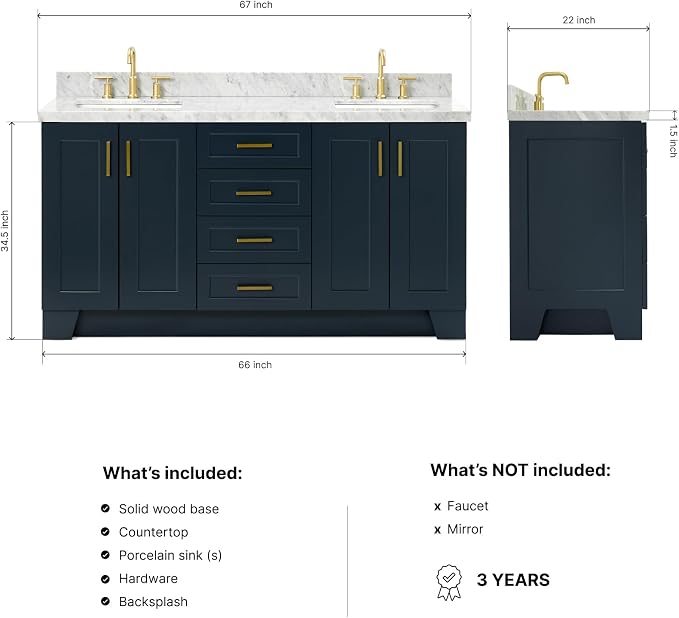 Emilia 66" Midnight Blue Double Bathroom Vanity with Sink, 1.5" Edge Italian Carrara Marble Countertop, Rectangular Sinks, 4 Soft Close Doors, 6 Dovetail Drawers