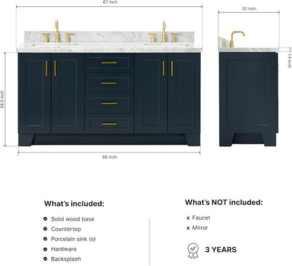 Emilia 66" Midnight Blue Double Bathroom Vanity with Sink, 1.5" Edge Italian Carrara Marble Countertop, Rectangular Sinks, 4 Soft Close Doors, 6 Dovetail Drawers