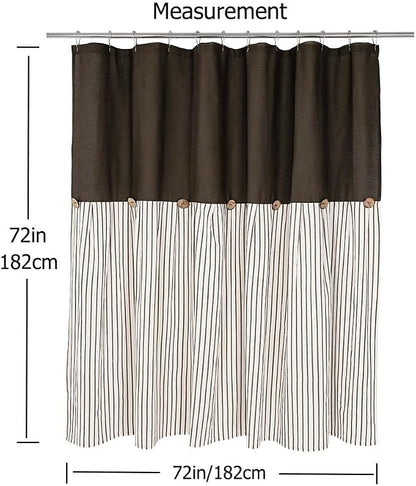 DOSLY IDÉES Farmhouse Shower Curtain, Beige and Brown Stripe, Button Curtain, Linen and Cotton Woven Fabric, Rustic Charm Country Chic Style, 72x72 in, Bathroom
