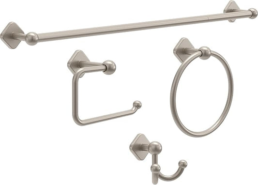 Franklin Brass Gainesville 4-Piece Bathroom Set Satin Nickel 18" + 6" Towel Rack, Toilet Paper Holder, Hand Towel Holder, Hook | 4-Piece Bath Hardware Accessories Set GNV64-SN