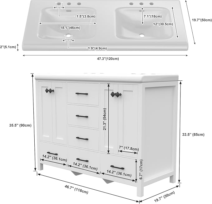 48" White Bathroom Vanity with Double Sink, 47.3" × 19.7" × 35.5" Bathroom Vanity Cabinet with 2 Doors & 6 Drawers, Modern Vanity Set with Ceramic Sinks
