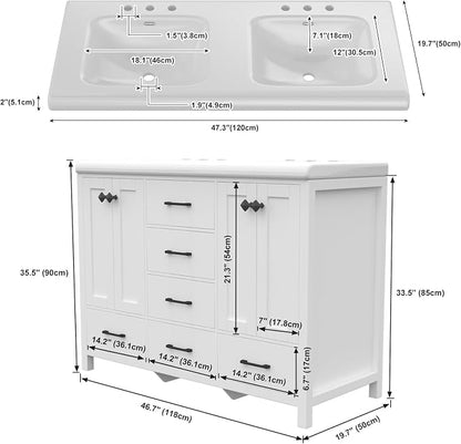 48" White Bathroom Vanity with Double Sink, 47.3" × 19.7" × 35.5" Bathroom Vanity Cabinet with 2 Doors & 6 Drawers, Modern Vanity Set with Ceramic Sinks