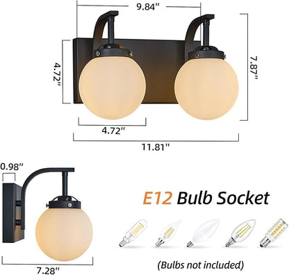 2 Lights Bathroom Vanity Light Fixtures Modern Sand Black Vanity Light with Milk White Glass Globe Shade Bathroom Lighting Over Mirror Wall Sconce for Bedroom Living Room Hallway