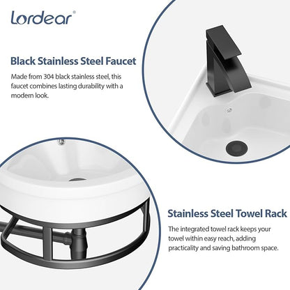 Lordear Corner Wall Mounted Bathroom Sink with Towel Rack – 11 4/5" x 11 4/5" Inch Triangular Wall Hung Porcelain Vessel Sink for Small Bathrooms One Hole Vanity Sink for Corner Installation